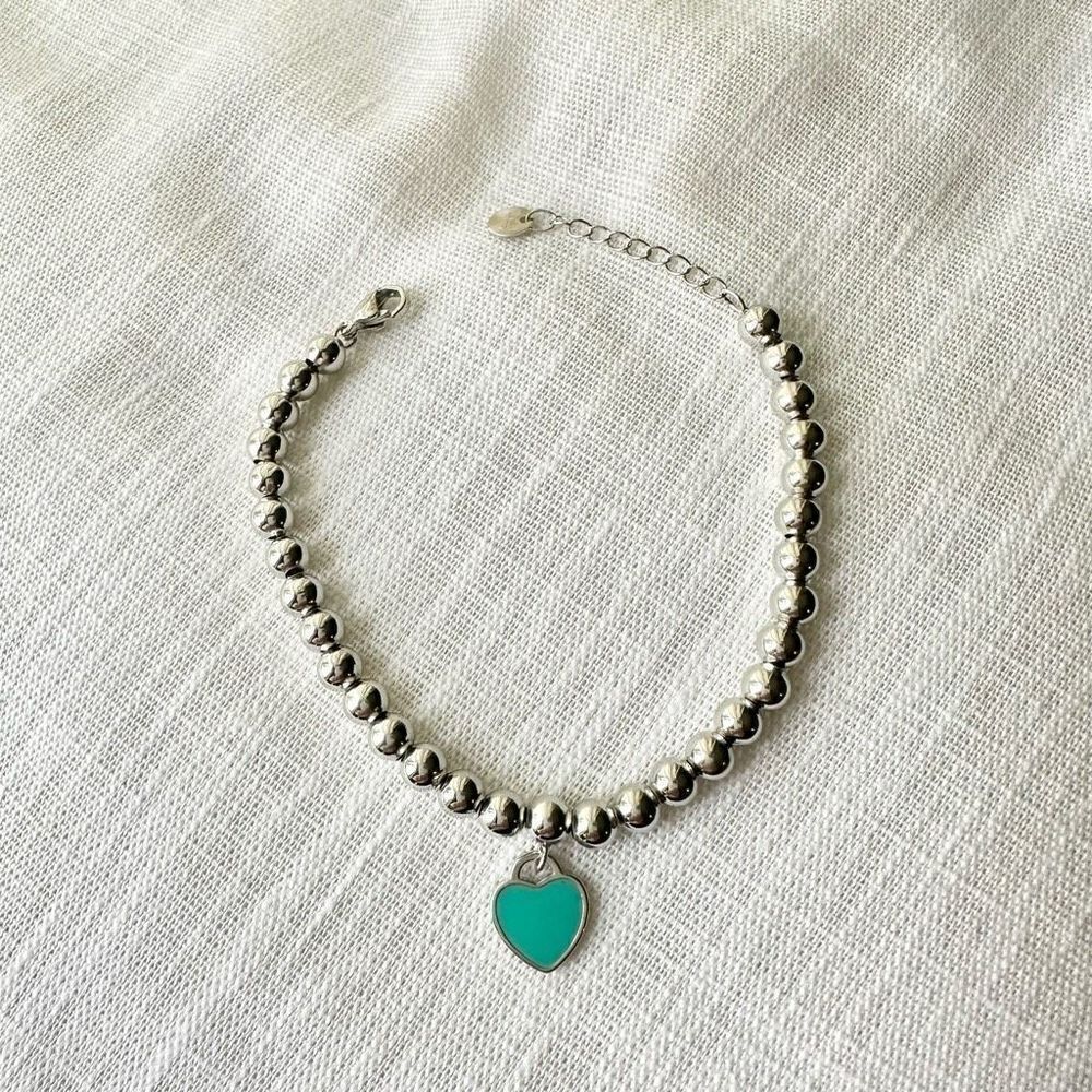 Silver color bead turquoise heart bracelet